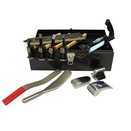 Thatcham Accredited Body Repair Tool Kit in a black steel tool box with various hand tools arranged on top, including panel beaters, dollies, and a bumping tool.