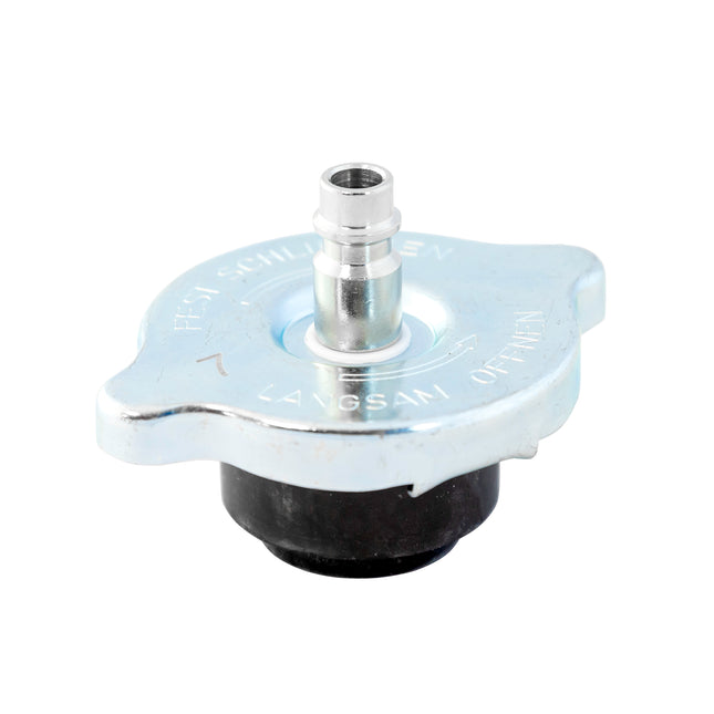 A silver metal cooling system cap with a black rubber gasket, designed for use with 314 series cooling system tester