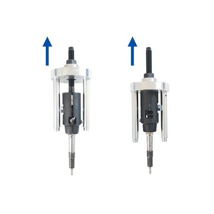 Injector puller tool in action,  demonstrating the upward extraction of diesel fuel injectors using a mechanical puller with guide rods and threaded central shaft