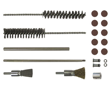 01745000 injector seat cleaning set, components including brushes and sanding papers laid out.